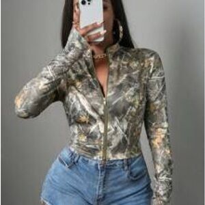 Shein Camouflage Long Sleeve Zip Up Top